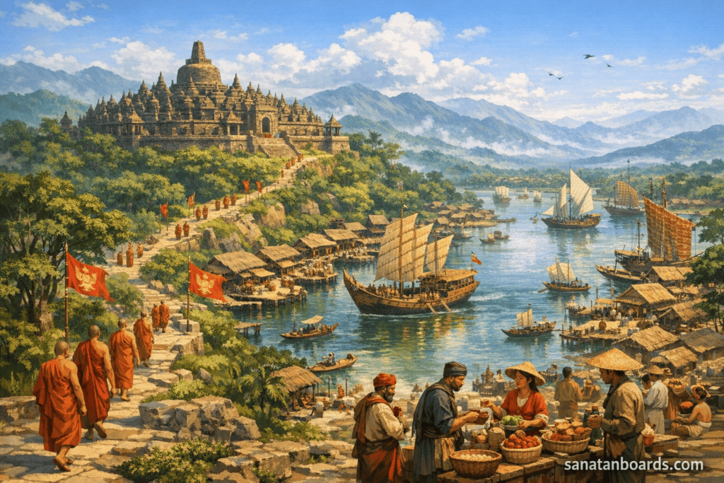“Panoramic Srivijaya Empire view with hilltop Buddhist temple, harbor with traders, monks, and tropical mountains, watermark sanatanboards.com.”