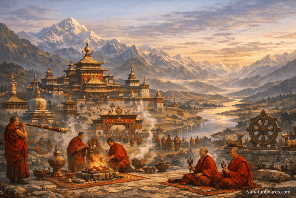 Tibetan Empire scene with King Trisong Detsen’s era, Samye Monastery, monks, Himalayan mountains, Hindu-Buddhist symbols, watermark 'sanatanboards.com'