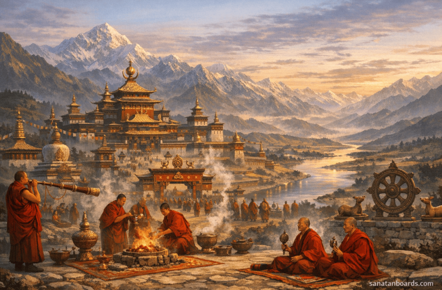 Tibetan Empire scene with King Trisong Detsen’s era, Samye Monastery, monks, Himalayan mountains, Hindu-Buddhist symbols, watermark 'sanatanboards.com'