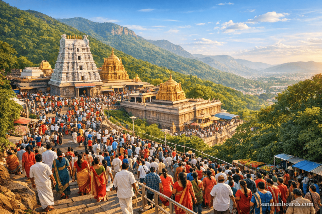 Aerial landscape of Tirupati hill temple with devotees, green hills, and blue sky, including watermark ‘sanatanboards.com’.