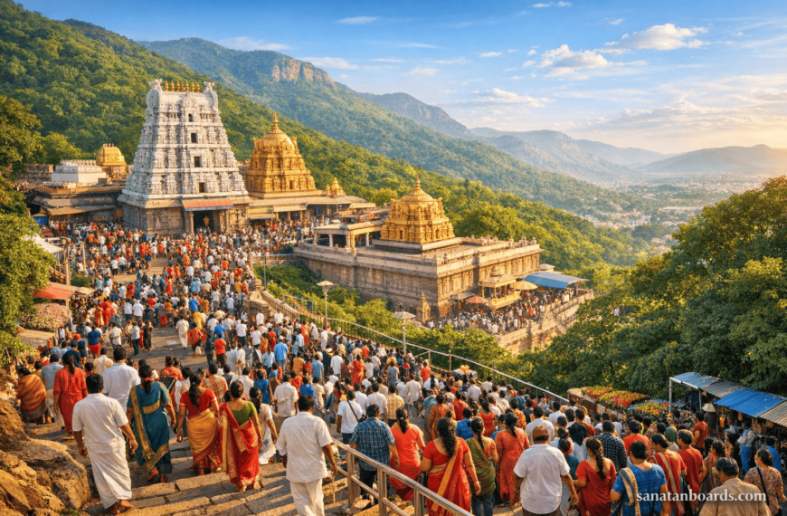 Aerial landscape of Tirupati hill temple with devotees, green hills, and blue sky, including watermark ‘sanatanboards.com’.