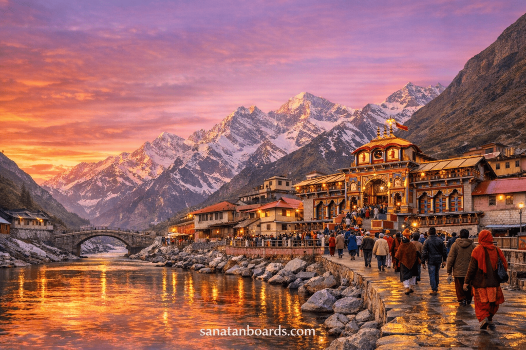 Badrinath Temple at sunset with Himalayan peaks, Alaknanda River, pilgrims approaching, watermark sanatanboards.com