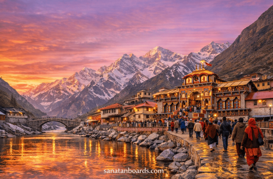 Badrinath Temple at sunset with Himalayan peaks, Alaknanda River, pilgrims approaching, watermark sanatanboards.com