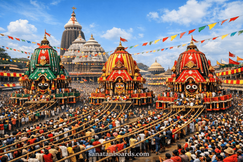 Rath Yatra at Puri Jagannath Temple with decorated chariots, devotees, and watermark sanatanboards.com
