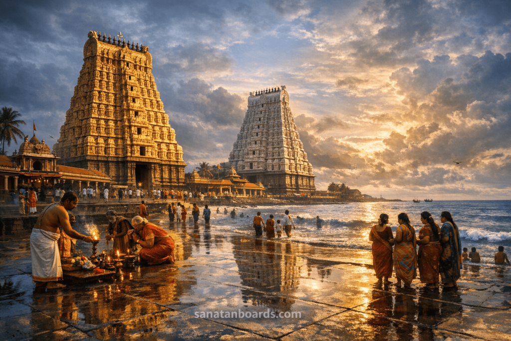 Wide landscape image of Ramanathaswamy Temple with coastal atmosphere and pilgrims performing rituals.