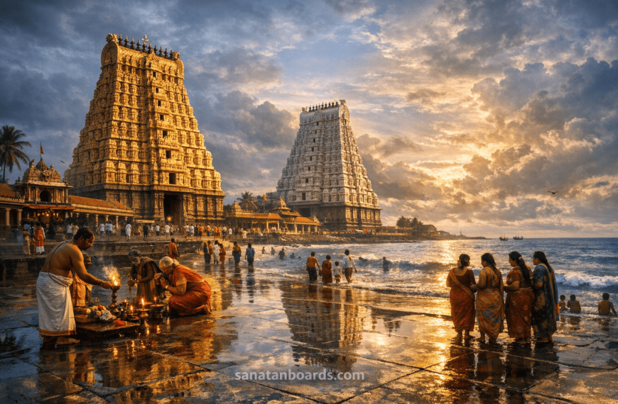Wide landscape image of Ramanathaswamy Temple with coastal atmosphere and pilgrims performing rituals.