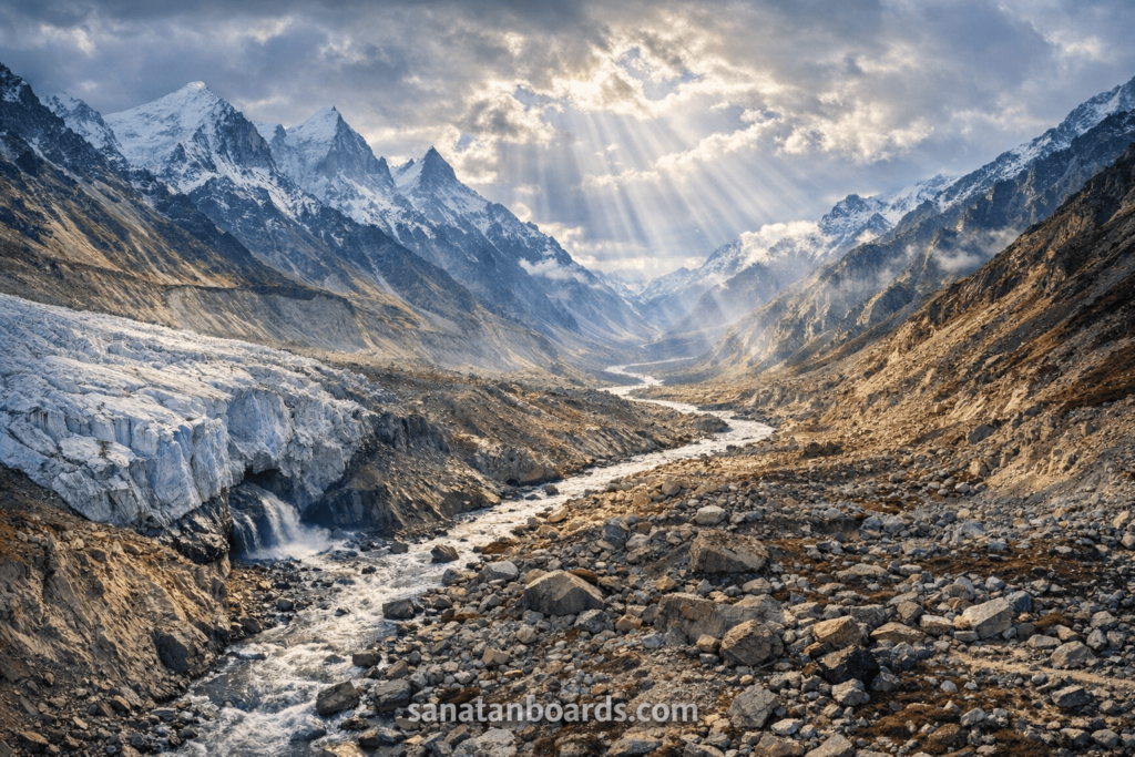 Aerial view of Gangotri Glacier at Gaumukh showing origin of River Ganga in snowy Himalayas.
