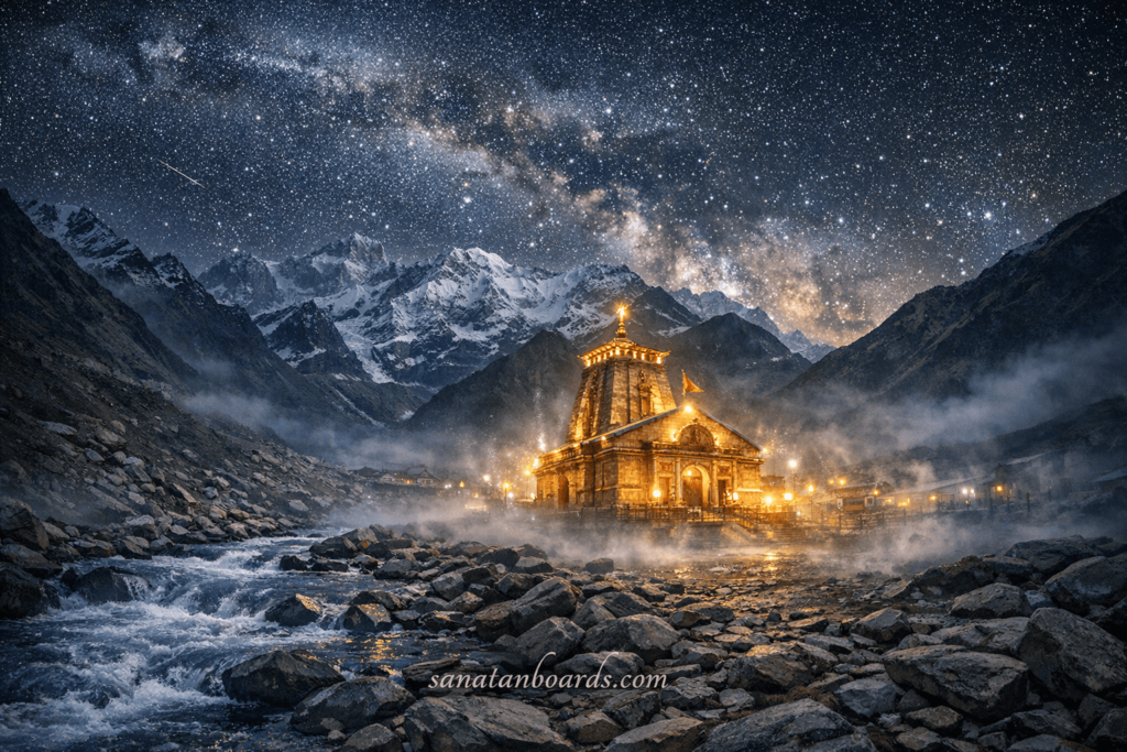 Kedarnath Temple glowing at night under stars and Milky Way in Himalayas.