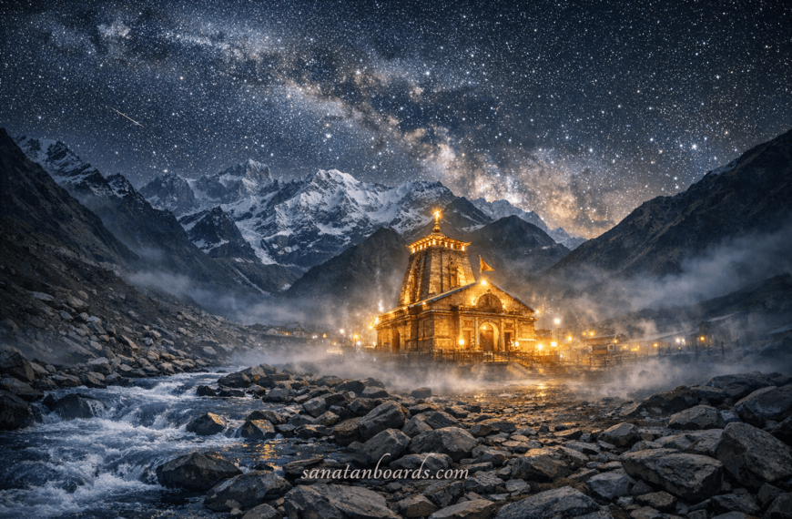 Kedarnath Temple glowing at night under stars and Milky Way in Himalayas.