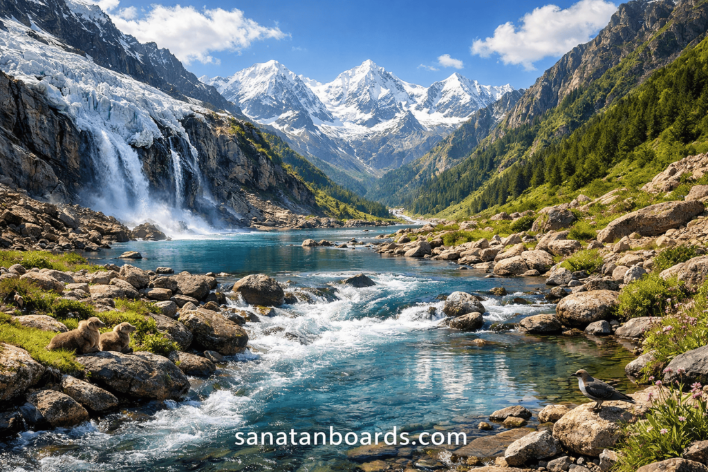 Glacial melt at Yamunotri forming the River Yamuna flowing through Himalayan valleys and natural landscapes.