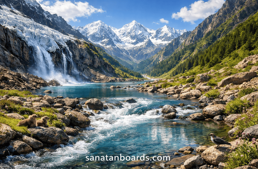 Glacial melt at Yamunotri forming the River Yamuna flowing through Himalayan valleys and natural landscapes.