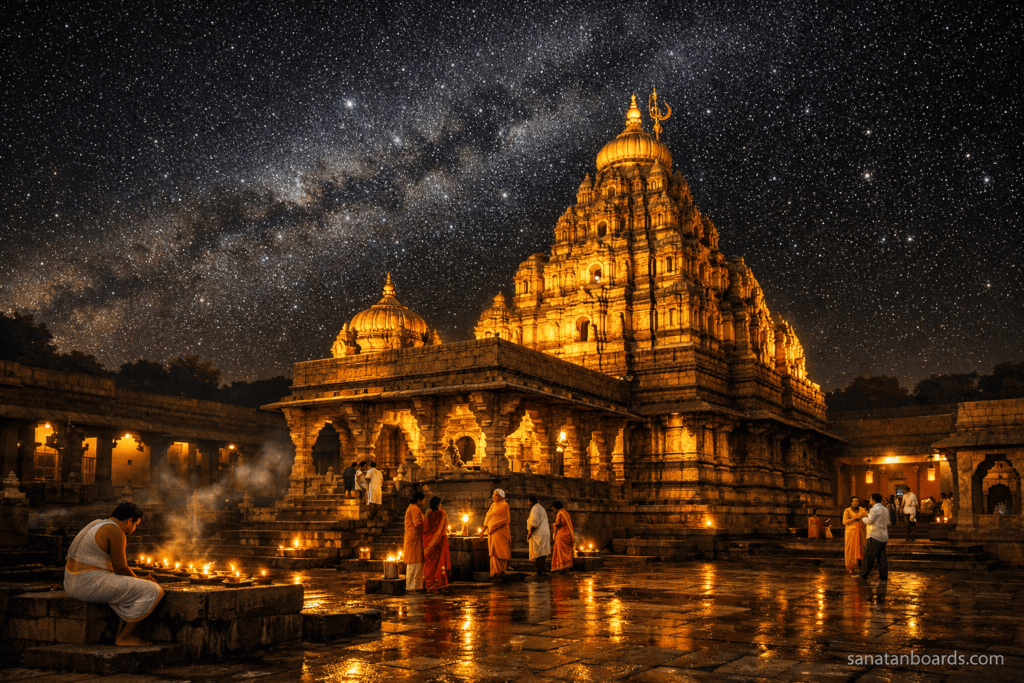 Grishneshwar Temple illuminated at night with devotees and glowing spiritual atmosphere.