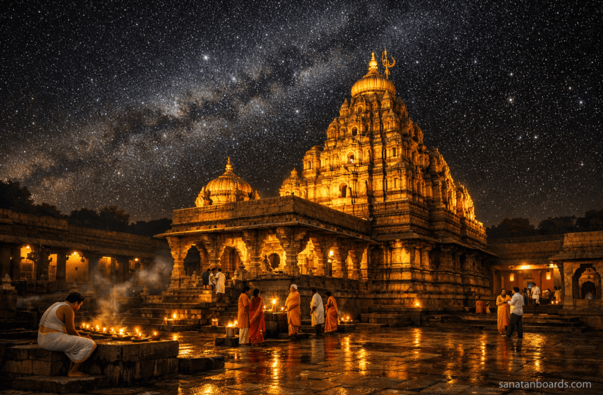 Grishneshwar Temple illuminated at night with devotees and glowing spiritual atmosphere.