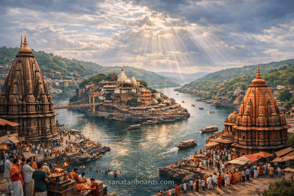 Aerial panoramic view of Omkareshwar island temple surrounded by Narmada River and hills with devotees and temples.