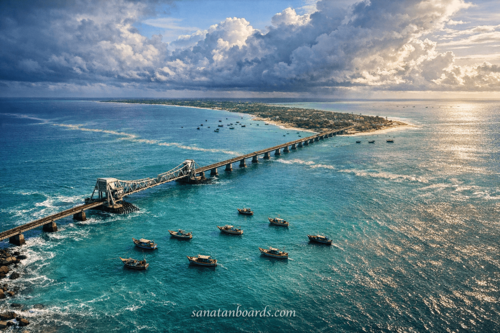 Aerial view of Pamban Bridge connecting Rameshwaram island over blue ocean.