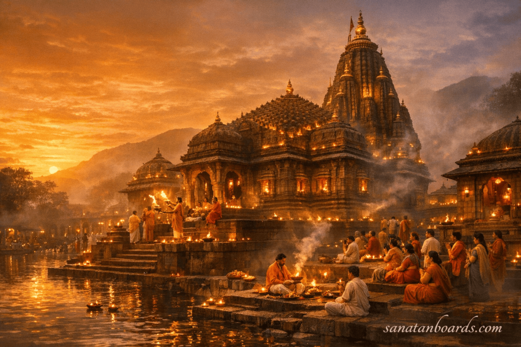 Evening view of Trimbakeshwar Temple glowing with lamps and devotees performing rituals at sunset.