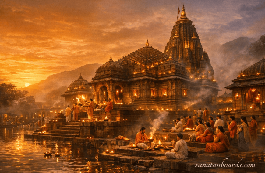 Evening view of Trimbakeshwar Temple glowing with lamps and devotees performing rituals at sunset.