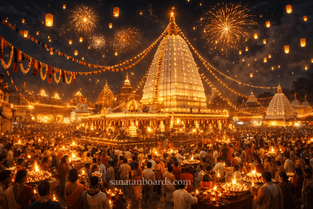 Night view of Baidyanath Temple decorated with lights and devotees celebrating a religious festival.