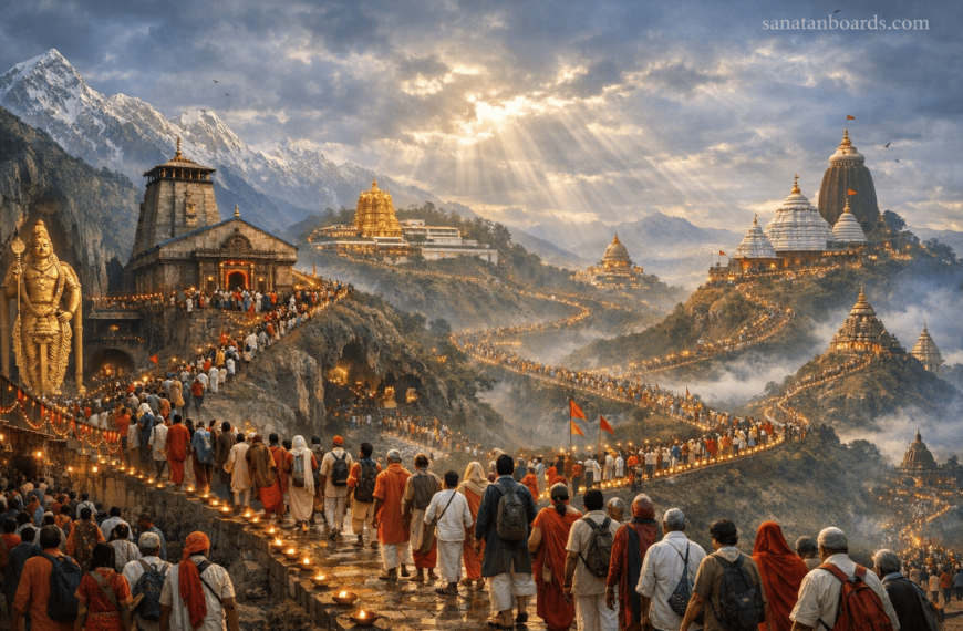 Pilgrims traveling across multiple sacred temple and shrine locations in a scenic mountainous landscape.