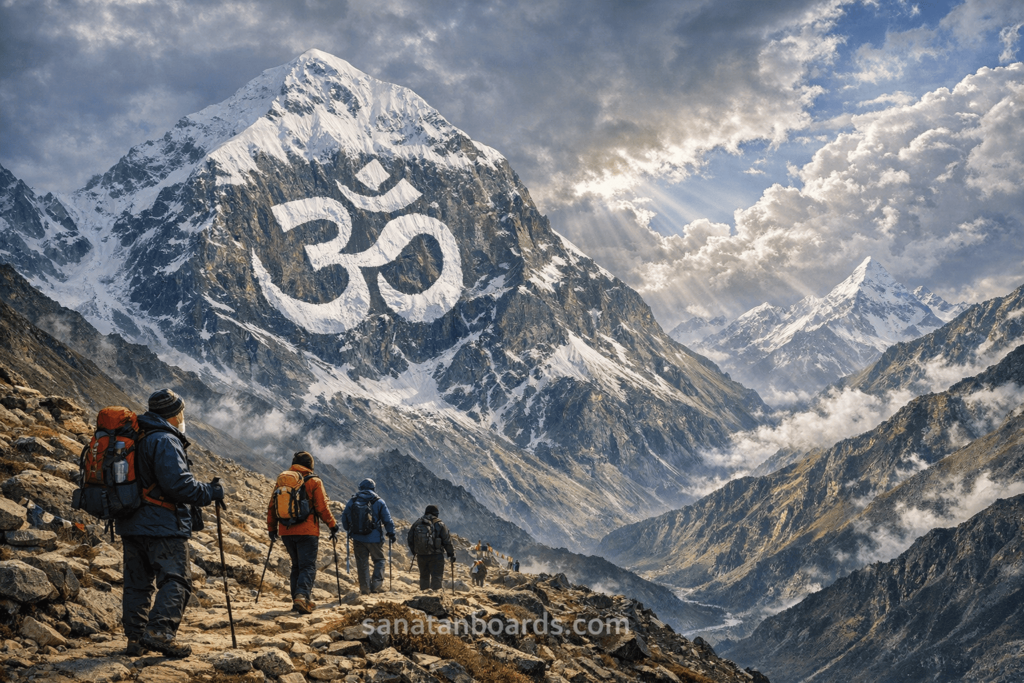 Om Parvat mountain with natural snow formed Om symbol, trekkers walking on Himalayan trail, Adi Kailash visible in distance, dramatic clouds and sacred scenery.