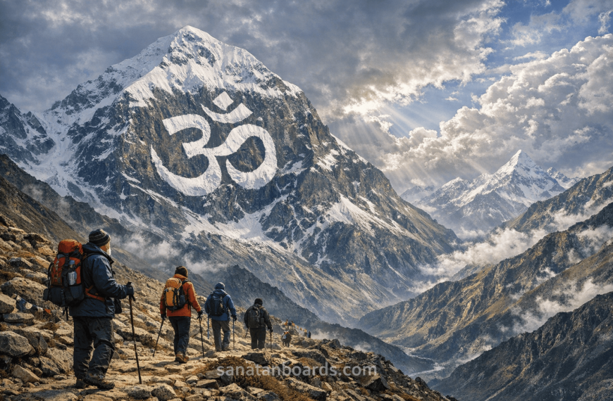 Om Parvat mountain with natural snow formed Om symbol, trekkers walking on Himalayan trail, Adi Kailash visible in distance, dramatic clouds and sacred scenery.