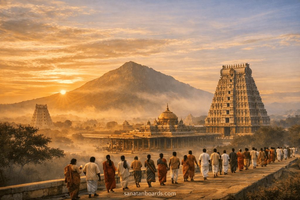Devotees walking around Arunachala Hill during sunrise with Annamalaiyar Temple in a peaceful spiritual atmosphere.