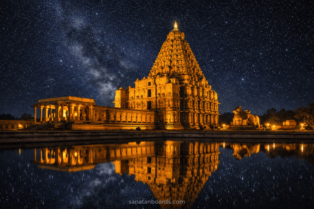 Night view of illuminated Brihadeeswarar Temple with starry sky and reflection, watermark sanatanboards.com.