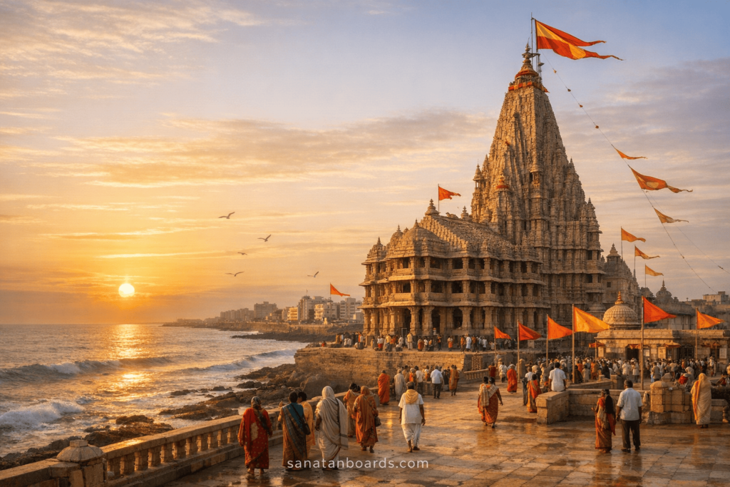 Dwarkadhish Temple in modern Dwarka with sunrise and pilgrims near the sea.
