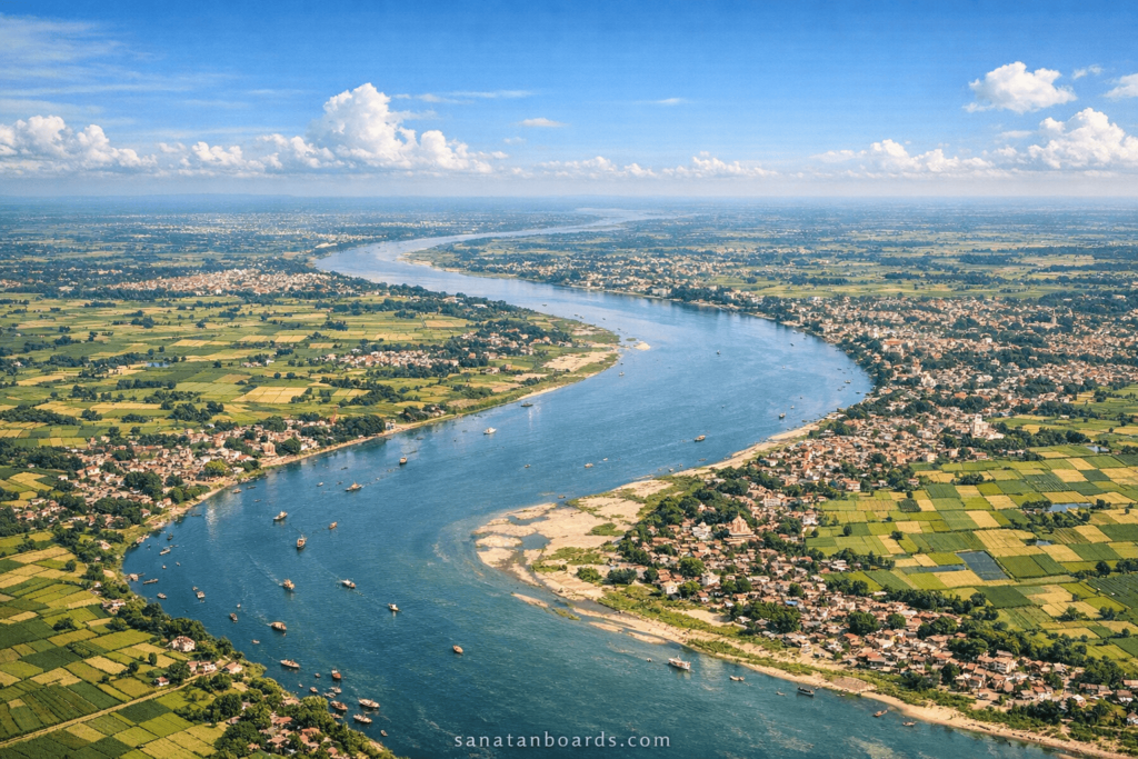 Aerial view of the Ganges River flowing through farmland and settlements.