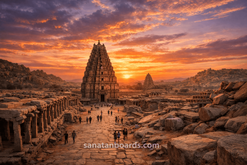 Sunset view of Hampi ruins with Virupaksha Temple and dramatic sky.