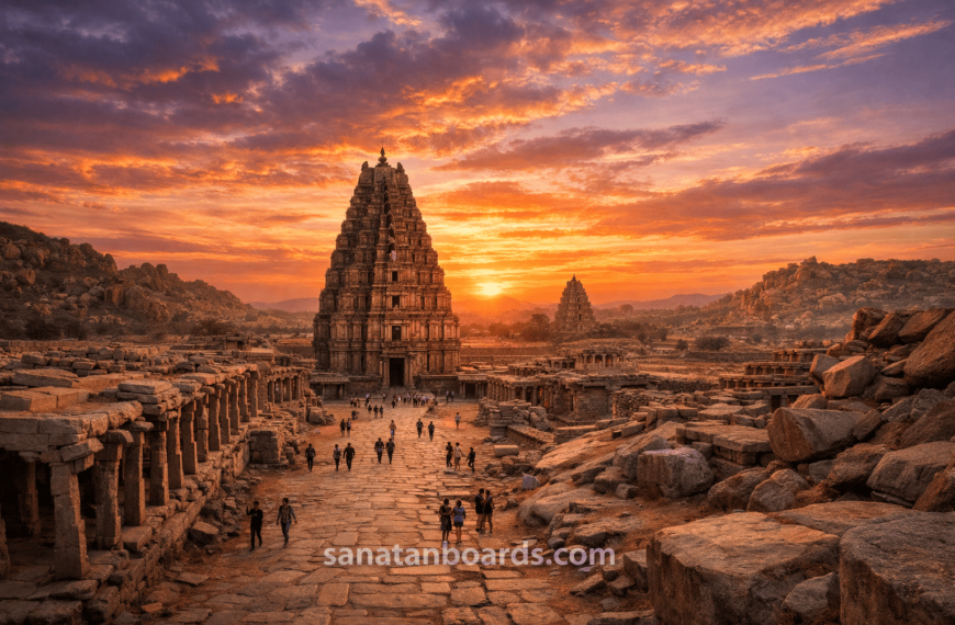 Sunset view of Hampi ruins with Virupaksha Temple and dramatic sky.