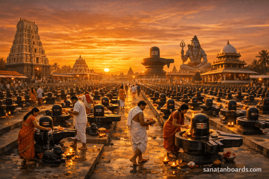 Panoramic sunset view of Kotilingeshwara Temple with rows of Shiva Lingas and devotees