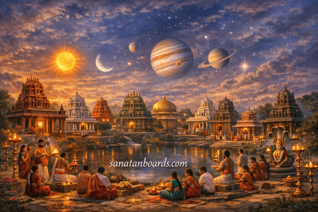 Panoramic view of Navagraha temples with celestial symbolism and evening rituals