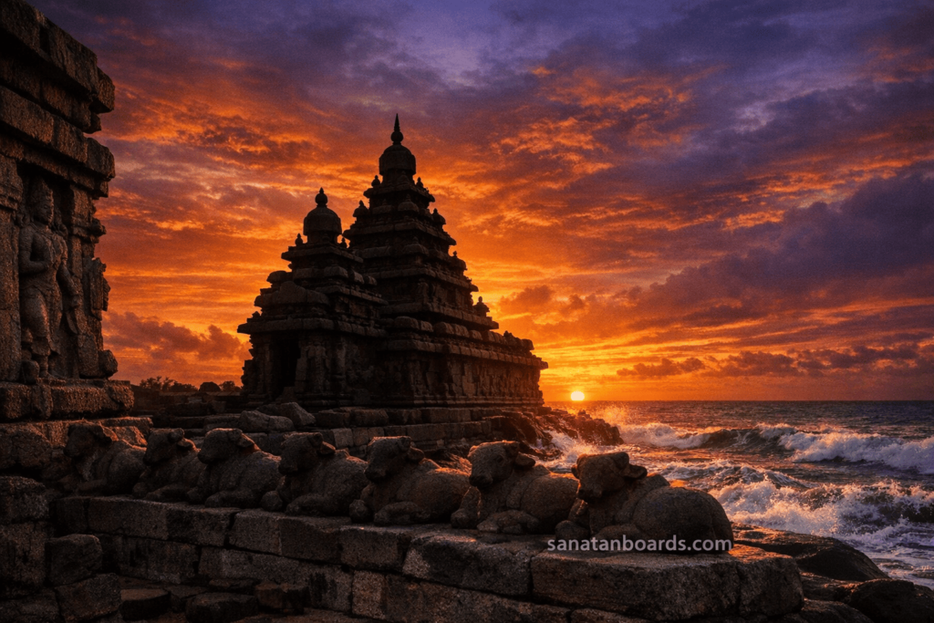 Shore Temple silhouette at sunset with colorful sky in Mahabalipuram