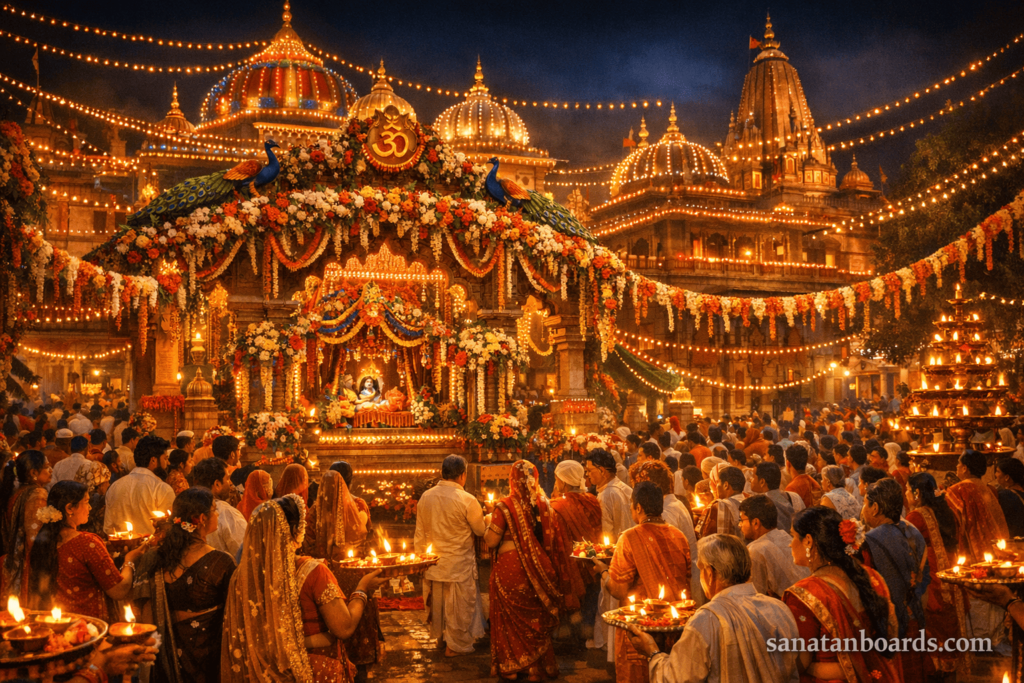 Janmashtami celebration at Krishna Janmabhoomi Temple in Mathura with lights and devotees