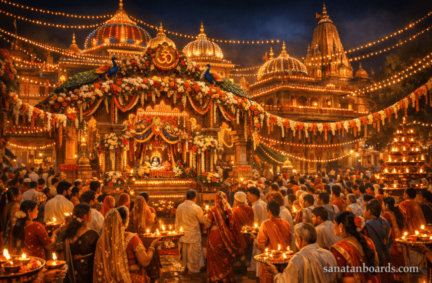 Janmashtami celebration at Krishna Janmabhoomi Temple in Mathura with lights and devotees