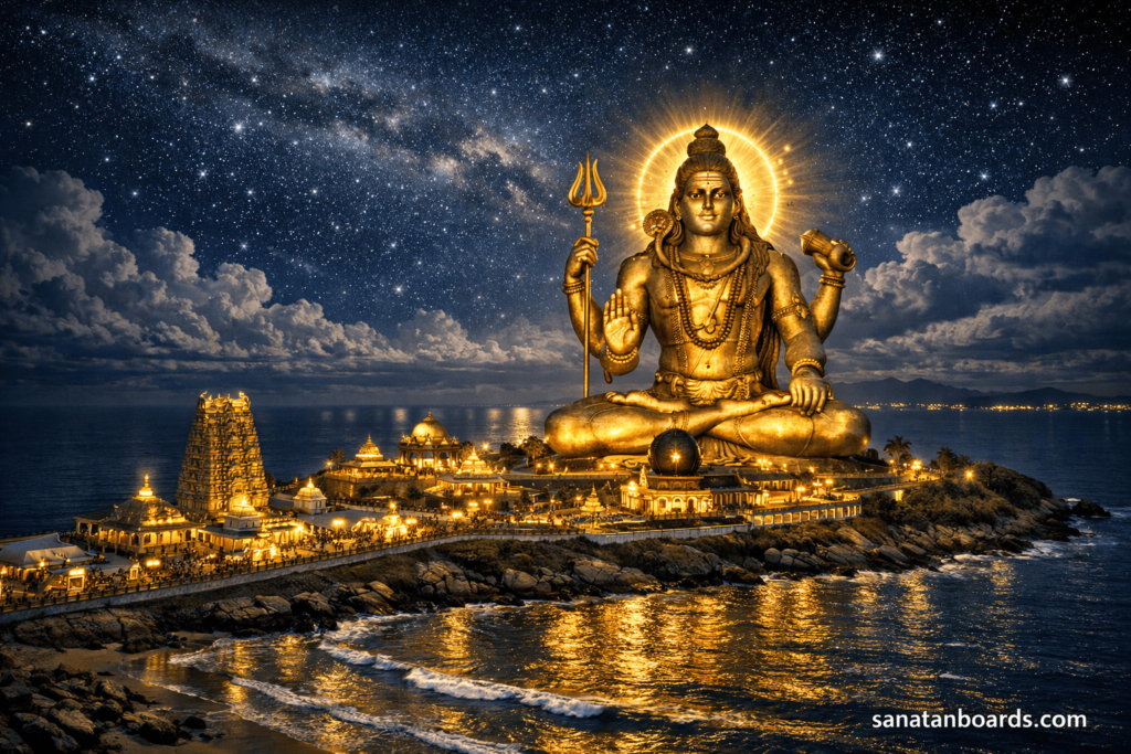 Illuminated night view of Murudeshwar Shiva Statue with glowing lights and ocean background.