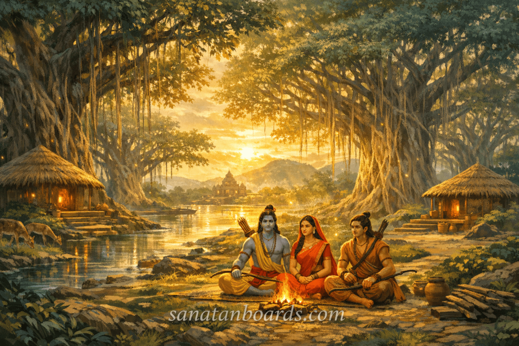 Mythological forest scene of Panchavati with Lord Rama, Sita, Lakshmana and sacred river surroundings.