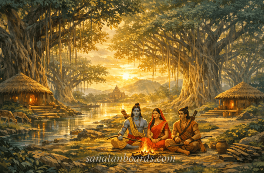 Mythological forest scene of Panchavati with Lord Rama, Sita, Lakshmana and sacred river surroundings.