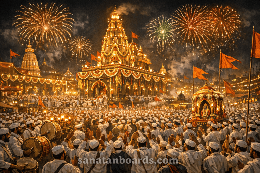 Large festive crowd celebrating Ashadhi Ekadashi at Vithoba Temple in Pandharpur at night.