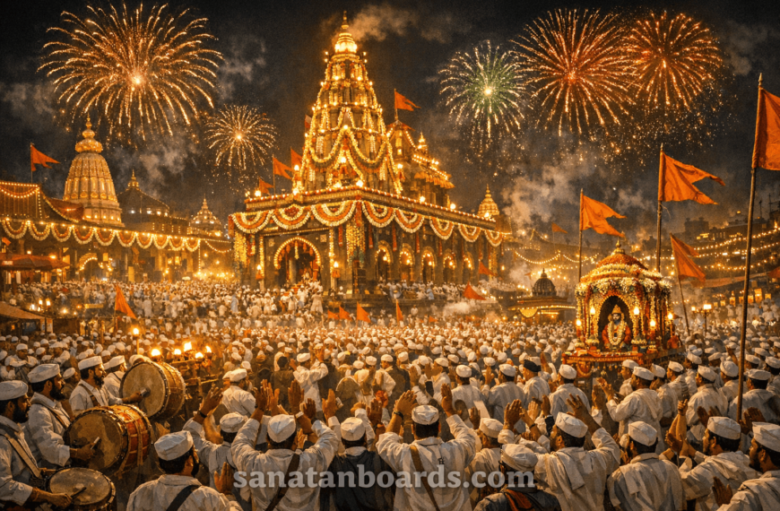 Large festive crowd celebrating Ashadhi Ekadashi at Vithoba Temple in Pandharpur at night.