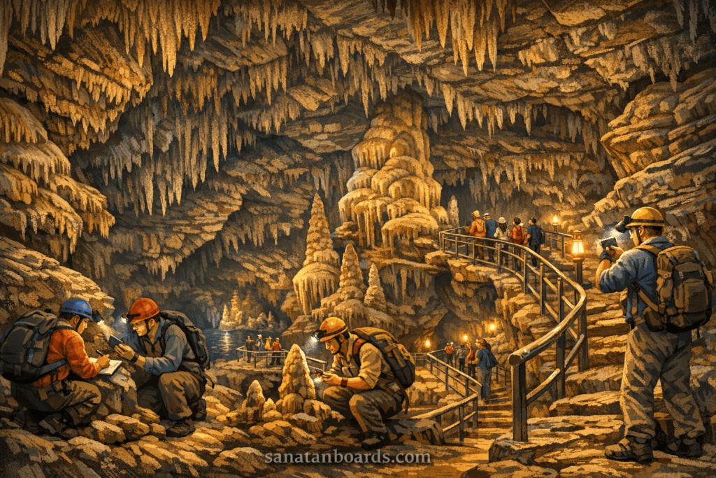Geological study inside Patal Bhuvaneshwar cave showing limestone formations and researchers exploring underground structure.