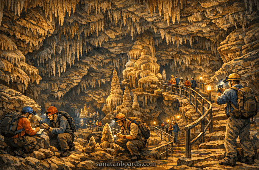 Geological study inside Patal Bhuvaneshwar cave showing limestone formations and researchers exploring underground structure.