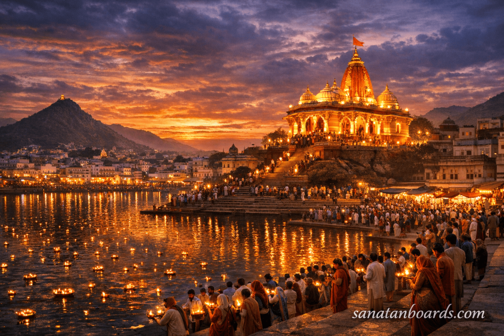 Evening view of illuminated Pushkar Brahma Temple with lamps, lake, and pilgrims.