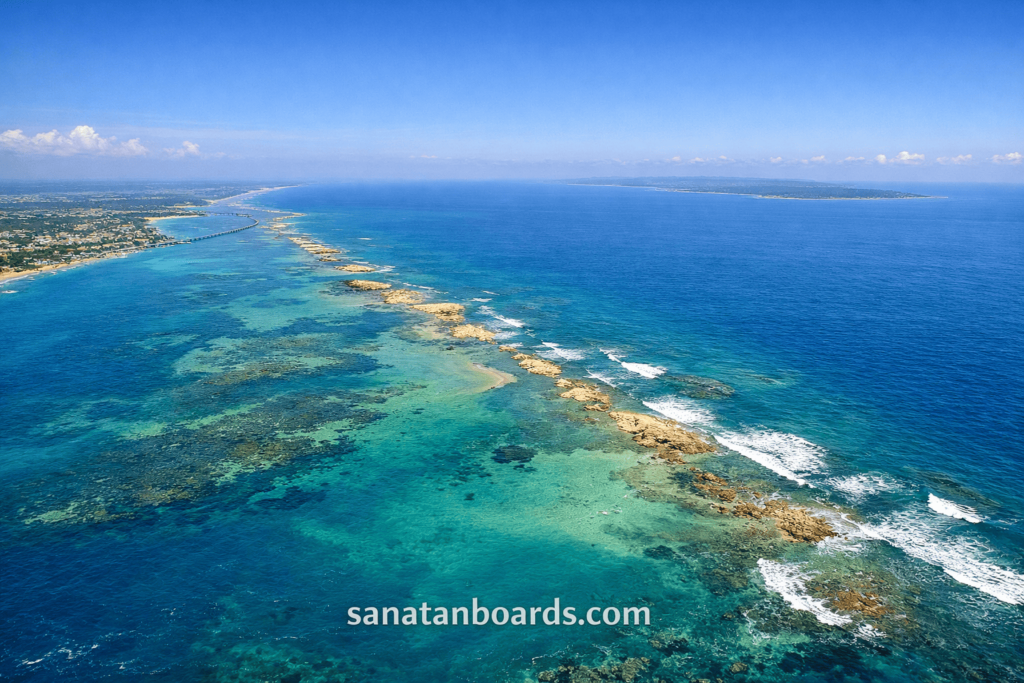 Aerial landscape of Ram Setu connecting Rameshwaram and Sri Lanka.
