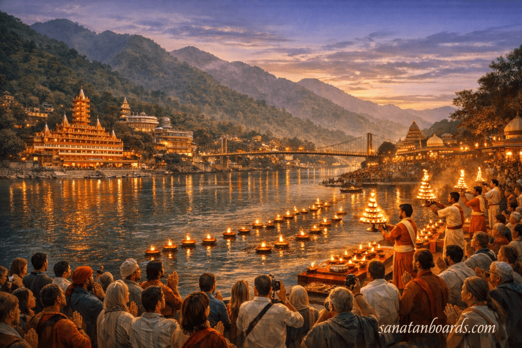 Evening Ganga Aarti in Rishikesh with lights, priests, and people gathered on the river steps.