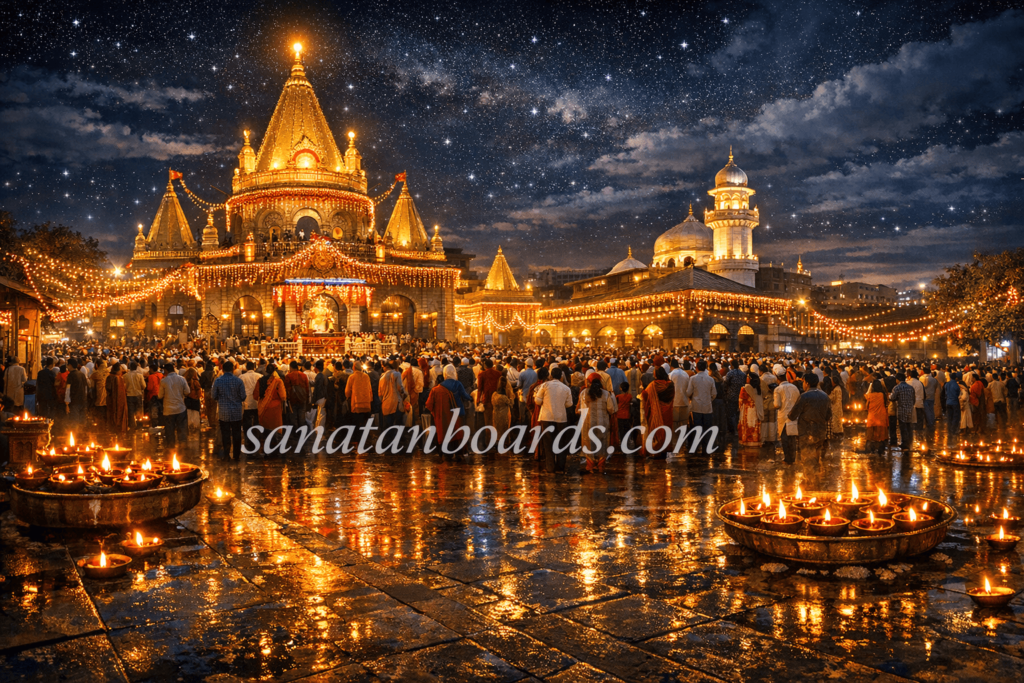 Night view of Shirdi Sai Baba Temple glowing with lights and devotees praying.