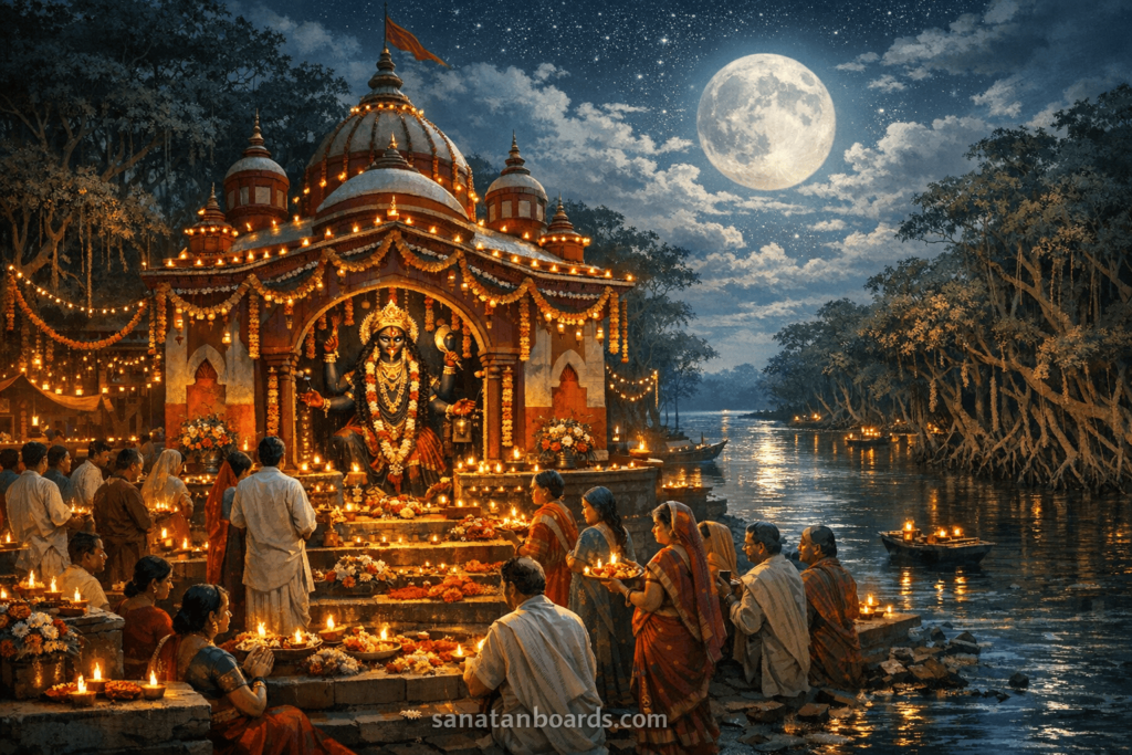 Night view of Sundarbans Kali Temple glowing with lights and festival celebrations.