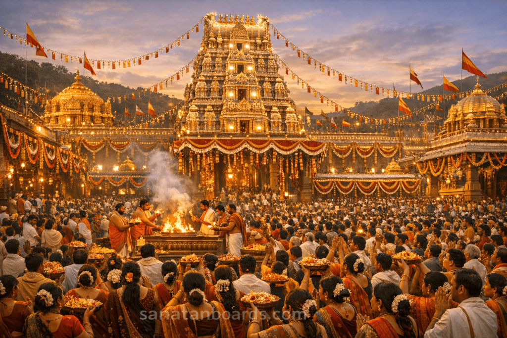 Festive crowd at Tirupati Balaji Temple with decorated architecture and devotional rituals.