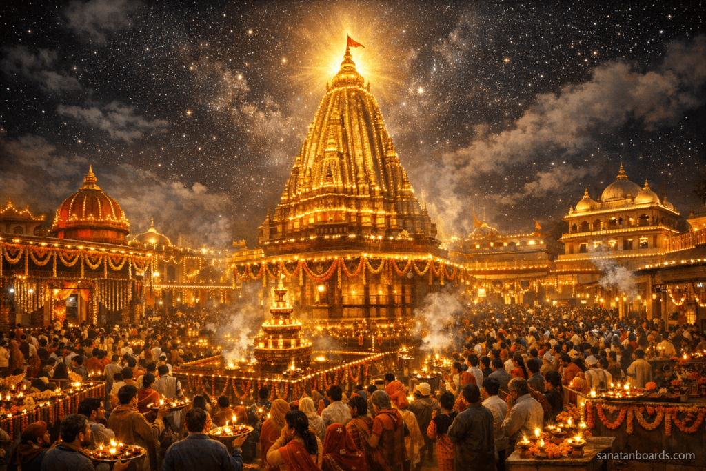 Night view of Mahakaleshwar Jyotirlinga temple decorated with lights during Maha Shivratri in Ujjain.